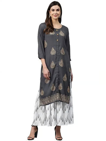 Grey Women Rayon Printed Straight Kurta With Sharara